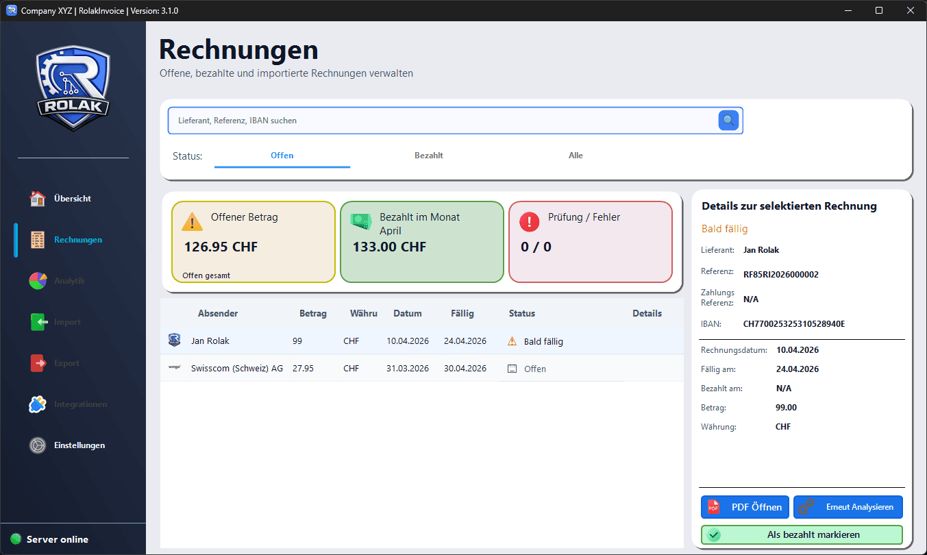 RolakInvoice Übersicht Dashboard mit offenen Rechnungen, Zahlungsstatus und Aktivitätsprotokoll